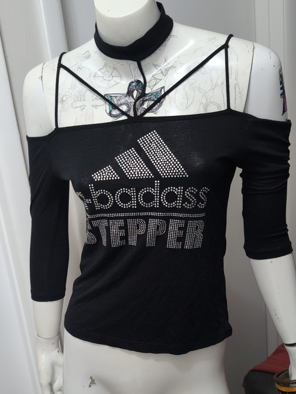 adidas Black Rhinestone Logo Cold-Shoulder Crop Top